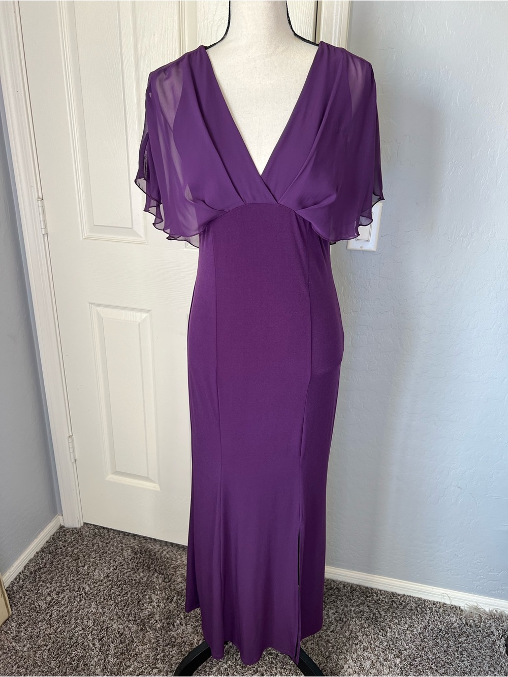 Violet V-Neck Midi Dress with Sheer Flutter Sleeves